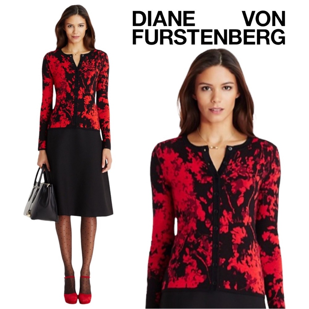 DVF Ibiza Cardigan Sweater Floral Wool Diane von Furstenberg Red Black Large EUC